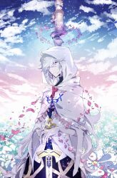 Rule 34 | 1boy, absurdres, ahoge, blue sky, cloud, cloudy sky, excalibur (fate/stay night), fate/grand order, fate (series), field, flower, flower field, flower knot, full body, garden of avalon, hair between eyes, hair ornament, highres, holding, holding sword, holding weapon, hood, hooded robe, long hair, long sleeves, looking at viewer, male focus, merlin (fate), misato karuha, petals, purple eyes, ribbon, robe, sky, smile, solo, sword, very long hair, weapon, white hair, white robe