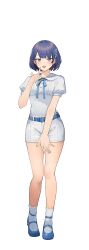 Rule 34 | 1girl, absurdres, belt, belt buckle, blue belt, blue eyes, blue footwear, blue hair, blue ribbon, blunt bangs, blush, buckle, cevio, collared shirt, commentary request, covering crotch, covering privates, dot nose, full body, hair ornament, hairclip, hand up, highres, index finger raised, looking at viewer, mary janes, neck ribbon, open mouth, psd available, puffy short sleeves, puffy sleeves, ribbon, shirinda fureiru, shirt, shirt tucked in, shoes, short hair, short shorts, short sleeves, shorts, simple background, socks, solo, standing, straight-on, suzuki tsudumi, tachi-e, transparent background, variant set, white shorts, white socks