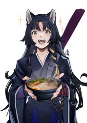 Rule 34 | 1girl, :d, absurdres, animal ears, arknights, black hair, black kimono, bowl, commentary, distr, dog ears, facial mark, food, forehead mark, highres, holding, holding bowl, japanese clothes, kimono, looking at viewer, noodles, open mouth, ramen, saga (arknights), simple background, smile, solo, upper body, white background