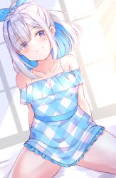 Rule 34 | 1girl, amane kanata, arms behind back, bare shoulders, blue dress, blue hair, blue ribbon, blush, closed mouth, collarbone, colored inner hair, cowboy shot, dress, gingham dress, hair intakes, hair ribbon, hololive, looking at viewer, low neckline, multicolored hair, off-shoulder dress, off shoulder, purple eyes, ribbon, shiitake taishi, short dress, short hair, silver hair, simple background, sitting, smile, solo, spaghetti strap, spread legs, sundress, thighs, virtual youtuber, wide ponytail