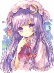 Rule 34 | 1girl, blue bow, blue ribbon, blush, bow, coa (chroo x), crescent, crescent pin, heart, heart-shaped pupils, long hair, looking at viewer, patchouli knowledge, purple eyes, purple hair, raised eyebrows, red bow, red neckwear, red ribbon, ribbon, solo, symbol-shaped pupils, touhou, upper body, very long hair
