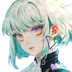 Rule 34 | 1boy, aiguillette, androgynous, ascot, bob cut, closed mouth, colored eyelashes, earrings, epaulettes, from side, green hair, highres, jewelry, lio fotia, lips, looking at viewer, looking to the side, male focus, pink eyes, portrait, promare, purple eyes, short hair, simple background, solo, tamaki (tamaki599), triangle earrings, white ascot, white background
