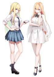 Rule 34 | 2girls, black footwear, blonde hair, blue eyes, blue necktie, blue skirt, breasts, cellphone, closed mouth, cosplay, dress, dual persona, earrings, full body, gigi andalusia, hand on own hip, highres, holding, holding phone, jewelry, kitagawa marin, legs, long hair, looking at viewer, medium breasts, multiple girls, necktie, orange hair, phone, plaid, plaid skirt, pleated skirt, shirt, simple background, skirt, sleeveless, sleeveless dress, smile, socks, sono bisque doll wa koi wo suru, spider apple, standing, tied shirt, white background, white dress, white shirt
