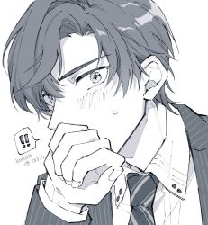 Rule 34 | !, 1boy, artem wing (tears of themis), black jacket, collared shirt, covering own mouth, fingernails, formal, highres, jacket, koeda (k83 4), long sleeves, looking at viewer, monochrome, necktie, shirt, short hair, simple background, solo, spoken exclamation mark, tears of themis, upper body, white background, white shirt