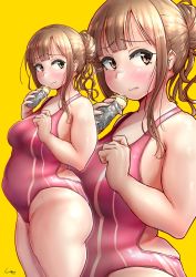 Rule 34 | 1girl, blush, breasts, brown eyes, brown hair, eating, fat, highres, medium breasts, one-piece swimsuit, pink one-piece swimsuit, shigekikkusu, simple background, standing, swimsuit, thick thighs, thighs, yellow background
