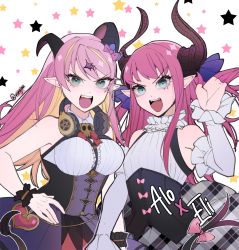 Rule 34 | 2girls, :d, bad id, bad twitter id, bare shoulders, blonde hair, bow, breasts, corset, crossover, demon girl, elizabeth bathory (fate), elizabeth bathory (fate/extra ccc), elizabeth bathory (second ascension) (fate), fangs, fate/extra, fate/extra ccc, fate (series), finger cots, hair bow, hair ornament, headphones, headphones around neck, highres, hololive, horns, kyou (ningiou), large breasts, long hair, look-alike, looking at viewer, mano aloe, multicolored hair, multiple girls, open mouth, pink hair, pointy ears, small breasts, smile, standing, star (symbol), tail, twitter username, two-tone hair, upper body, v-shaped eyebrows, virtual youtuber
