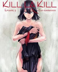 Rule 34 | 10s, 1girl, black hair, blue eyes, breasts, clothes in front, collarbone, covering privates, kani aruki (bucket crawl), kill la kill, lips, looking at viewer, matoi ryuuko, multicolored hair, nude, nude cover, red hair, school uniform, senketsu, short hair, solo, standing, two-tone hair