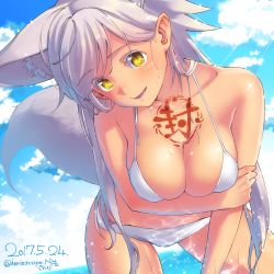 Rule 34 | 1girl, animal ears, bare arms, bare shoulders, bikini, breast hold, breasts, caustics, chest tattoo, cleavage, collarbone, colored eyelashes, cowboy shot, dark-skinned female, dark skin, dated, day, fox ears, fox tail, hand on own arm, head tilt, herio, leaning forward, light particles, lips, long hair, looking at viewer, medium breasts, midriff, open mouth, original, outdoors, parted lips, shiny skin, signature, silver hair, skindentation, sky, slit pupils, smile, solo, sunlight, swimsuit, tail, tattoo, thighs, twitter username, very long hair, water, wet, white bikini, yellow eyes
