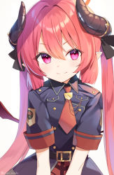 Rule 34 | 1girl, bat wings, belt, black shirt, blue archive, collared shirt, curled horns, dress shirt, halo, highres, horns, junko (blue archive), looking at viewer, necktie, pink eyes, red hair, red necktie, shirai tanuki, shirt, short sleeves, sidelocks, simple background, smile, solo, twintails, twitter username, white background, wings