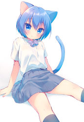 Rule 34 | 1girl, animal ears, arm support, black socks, blue eyes, blue hair, blue skirt, blush, bow, bowtie, cat ears, cat girl, cat tail, collared shirt, commentary request, hair between eyes, head tilt, kneehighs, looking at viewer, onka, original, parted lips, pleated skirt, purple bow, purple bowtie, shirt, short hair, short sleeves, simple background, sitting, skirt, socks, solo, tail, usashiro mani, white background, white shirt