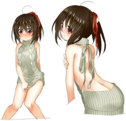 Rule 34 | 10s, 1girl, 3:, ahoge, aran sweater, arm behind back, backless dress, backless outfit, bare back, bare shoulders, black hair, blush, butt crack, cable knit, closed mouth, dress, female saniwa (touken ranbu), from behind, hair between eyes, halterneck, himuro (himushin), knees together feet apart, looking back, meme attire, multiple views, naked sweater, ponytail, red eyes, ribbed sweater, saniwa (touken ranbu), simple background, sitting, sweater, sweater dress, touken ranbu, turtleneck, turtleneck sweater, virgin killer sweater, white background