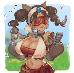 Rule 34 | 1girl, bare shoulders, blindfold, blush, breasts, brown hair, chamame, cleavage, crop top, dancing, detached sleeves, eremite desert clearwater (genshin impact), genshin impact, gloves, hair ornament, hairband, highres, large breasts, navel, red sash, sash, simple background, smile, solo, twintails