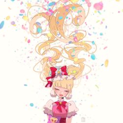 Rule 34 | 1girl, aisaki emiru, aoi tete, artist name, blonde hair, blunt bangs, bow, closed eyes, commentary, confetti, cure macherie, dress, earrings, facing viewer, hat, hat bow, highres, hugtto! precure, jewelry, long hair, magical girl, mob cap, open mouth, petals, pink dress, pom pom (clothes), pom pom earrings, precure, purple bow, red bow, signature, smile, solo, twintails, upper body, white background, white hat