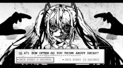 Rule 34 | 1girl, blood, blood on face, collared shirt, crazy eyes, english text, greyscale, hatsune miku, highres, juniper (artist), letterboxed, long hair, looking at viewer, monochrome, necktie, reaching, ringed eyes, shirt, teeth, twintails, upper body, vocaloid
