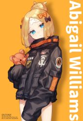 Rule 34 | 1girl, abigail williams (fate), abigail williams (traveling outfit) (fate), text background, black bow, black jacket, blonde hair, blue eyes, blush, bow, character name, closed mouth, commentary request, crossed bandaids, english text, fate/grand order, fate (series), hair bow, hair bun, head tilt, highres, jacket, key, long hair, long sleeves, looking at viewer, hugging object, official alternate costume, orange background, orange bow, parted bangs, polka dot, polka dot bow, simple background, single hair bun, sleeves past fingers, sleeves past wrists, solo, standing, star (symbol), stuffed animal, stuffed toy, teddy bear, usuke (u skeeep)