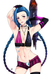 Rule 34 | 1girl, armpits, blue hair, breasts, gloves, highres, jinx (league of legends), league of legends, lipstick, long hair, makeup, navel, purple eyes, smile, solo, tagme, xter