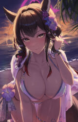 Rule 34 | 1girl, animal ears, beach, black hair, blue archive, blue flower, breasts, collarbone, commentary request, cowboy shot, eyeshadow, fall (aki), flower, hair flower, hair ornament, highres, large breasts, long hair, looking at viewer, makeup, ocean, outdoors, purple flower, solo, standing, thighs, wakamo (blue archive), water, yellow eyes