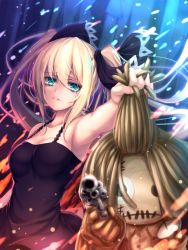 Rule 34 | 1girl, bad id, bad pixiv id, bare shoulders, black dress, blonde hair, blue eyes, breasts, chuck (shaman king), cleavage, crying, crying with eyes open, doll, dress, fire, gun, hair ribbon, highres, holding, holding gun, holding weapon, lips, long hair, looking at viewer, marion phauna, medium breasts, parted lips, ribbon, shaman king, solo, tears, tiphereth, twintails, very long hair, weapon