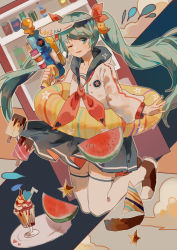 Rule 34 | 1girl, blue eyes, blue hair, blue skirt, boat, character name, cloud, collarbone, commentary, food, full body, hair ribbon, hat writing, hatsune miku, heart, highres, holding, ice cream, lobelia (saclia), long hair, long sleeves, looking at viewer, neckerchief, one eye closed, parted lips, pleated skirt, popsicle, red neckerchief, red ribbon, ribbon, sailboat, shirt, skirt, solo, star (symbol), sundae, thighhighs, twintails, vending machine, visor cap, vocaloid, water gun, watercraft, watermelon, watermelon slice, white shirt, white thighhighs