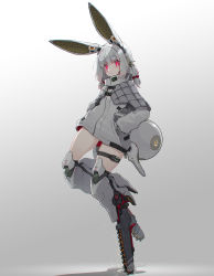 Rule 34 | 1girl, absurdres, animal ears, black ribbon, blunt bangs, chainsaw, closed mouth, grey background, grey jacket, hair ribbon, hands in pockets, highres, jacket, long sleeves, looking at viewer, mecha musume, mechanical ears, mechanical legs, mechanical tail, medium hair, no pants, oota youjo, original, rabbit ears, rabbit tail, red eyes, ribbon, silver hair, solo, standing, standing on one leg, tail, thigh strap