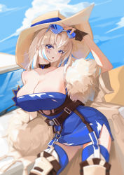 Rule 34 | 1girl, absurdres, alchemy stars, arm up, azure (alchemy stars), belt, black belt, black choker, blue dress, blue eyes, blue sky, breasts, character request, choker, cleavage, cloud, collarbone, commentary request, cowboy shot, day, dress, eyewear on head, facial mark, feather boa, guguge, hat, highres, large breasts, long hair, looking at viewer, parted lips, short dress, side slit, sky, solo, standing, strapless, strapless dress, sun hat, sunglasses, thighhighs, tube dress, white hair