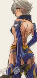 Rule 34 | 1girl, ahoge, ass, breasts, dated, detached sleeves, final fantasy, genderswap, genderswap (mtf), gloves, grey hair, looking at viewer, mobius final fantasy, payu (pyms11), short hair, simple background, solo, square enix, thighhighs, weapon, wol, yellow eyes