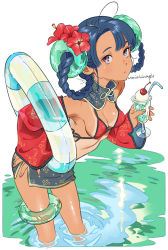 Rule 34 | 1girl, bikini, bikini top only, cherry, detached sleeves, drinking straw, expressionless, feet out of frame, flower, food, fruit, hair flower, hair ornament, hand on own hip, highres, holding, innertube, long sleeves, original, red bikini, red flower, red sleeves, shadow, soaking feet, solo, swim ring, swimsuit, tan, tanline, umishima senbon, wading