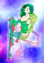 Rule 34 | 1990s (style), 1girl, a lake, boots, breasts, bridal gauntlets, elbow gloves, final fantasy, final fantasy iv, gloves, green eyes, green footwear, green hair, hair ornament, high heel boots, high heels, highres, leotard, matching hair/eyes, rydia (ff4), solo, thigh boots, thighhighs