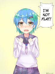 Rule 34 | 1girl, aqua hair, bad id, bad twitter id, blue hair, blush, borrowed character, brown eyes, commentary, earth-chan, english text, green hair, hair ornament, hairclip, hands up, long sleeves, looking at viewer, multicolored hair, open mouth, original, pleated skirt, raised eyebrows, school uniform, serafuku, short hair, shuuzo3, simple background, skirt, solo, space print, speech bubble, starry sky print, tears, twitter username, wavy mouth, yellow background