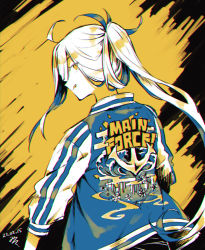 Rule 34 | 1girl, :q, ahoge, alternate costume, asashimo (kancolle), clothes writing, dated, hair between eyes, head tilt, jacket, kantai collection, letterman jacket, limited palette, long hair, miroku san-ju, profile, signature, simple background, solo, tongue, tongue out, upper body, very long hair