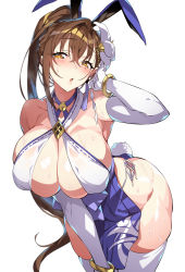 Rule 34 | 1girl, absurdres, animal ears, bare shoulders, blush, breasts, brown eyes, brown hair, cleavage, commentary request, criss-cross halter, elbow gloves, fake animal ears, gloves, hair ornament, halterneck, hand up, highres, japanese clothes, kanpani girls, large breasts, leaning forward, long hair, looking at viewer, mole, mole under eye, parted lips, pelvic curtain, ponytail, rabbit ears, rabbit tail, revealing clothes, senri gan, shiny skin, shirayuri sakura, simple background, skindentation, sleeveless, solo, sweat, sweatdrop, tail, thighhighs, thighs, white background, white gloves, white thighhighs