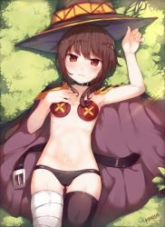 Rule 34 | 10s, 1girl, armpits, artist name, bad id, bad pixiv id, bandaged leg, bandages, bare arms, belt, black hat, black panties, black thighhighs, blush, brown hair, buttons, cameltoe, cape, closed mouth, collar, cowboy shot, fingernails, flat chest, from above, frown, gluteal fold, grass, hand on own chest, hat, highres, kimoshi, kono subarashii sekai ni shukufuku wo!, looking at viewer, lying, megumin, navel, on back, on ground, open belt, panties, red eyes, ribs, short hair, single thighhigh, solo, sunlight, tears, thigh gap, thighhighs, twirling hair, underwear, witch hat