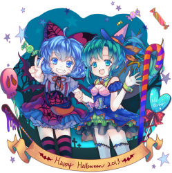 Rule 34 | 10s, 2013, 2girls, alternate costume, aqua hair, arm around waist, bare tree, bat wings, blouse, blue background, blue eyes, blue hair, bow, breasts, brooch, bug, candy, candy cane, cirno, cleavage, cross, cuff links, daiyousei, dress, fairy wings, food, grin, hair bow, hair ribbon, halloween costume, hand on another&#039;s back, hand up, happy halloween, hat, holding another&#039;s arm, iris anemone, jewelry, lollipop, looking at viewer, multiple girls, ribbon, shirt, short hair, side ponytail, skirt, skull, smile, spider, spider web print, star (symbol), strapless, strapless dress, striped clothes, striped legwear, striped thighhighs, suspenders, thighhighs, touhou, tree, v, wings, witch hat, wrist cuffs