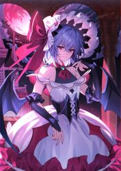 Rule 34 | 1girl, alternate costume, armpit cutout, artist name, bare shoulders, bat (animal), bat wings, blue hair, brooch, castle, clothing cutout, dress, enoki 3106, frilled dress, frills, full moon, highres, jewelry, looking at viewer, moon, night, night sky, red eyes, red moon, remilia scarlet, short hair, sky, solo, touhou, touhou gensou eclipse, white dress, white headwear, wings