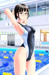 Rule 34 | 1girl, absurdres, armpits, arms behind head, bench, black hair, black one-piece swimsuit, blunt bangs, brown eyes, competition swimsuit, cowboy shot, glasses, highres, indoors, lane line, looking at viewer, multicolored clothes, multicolored swimsuit, one-piece swimsuit, original, pool, short hair, solo, standing, swimsuit, takafumi, two-tone swimsuit