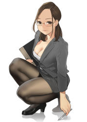 Rule 34 | 1girl, :|, black footwear, breasts, brown eyes, brown hair, cleavage, clipboard, closed mouth, earrings, formal, glasses, highres, jewelry, long hair, looking at viewer, office lady, original, pantyhose, pen, pencil skirt, skirt, solo, squatting, standing, suit, thighs, yomu (sgt epper)