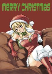 Rule 34 | 1girl, blonde hair, breasts, brown eyes, christmas, elbow gloves, fairy tail, gloves, hat, large breasts, lucy heartfilia, mashima hiro, red hat, tagme