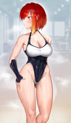 Rule 34 | 1girl, bad id, bad pixiv id, blush, bombergirl, breasts, cleavage, closed mouth, covered erect nipples, fingerless gloves, gloves, gluteal fold, gym, highres, holding, holding towel, indoors, leotard, looking away, looking to the side, medium breasts, muscular, muscular female, red hair, see-through, see-through leotard, short hair, skin tight, solo, standing, sweat, tekka (bombergirl), thighs, tile floor, tiles, towel, tungsten (kwfr4544), window, yellow eyes