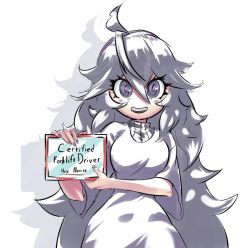 Rule 34 | 1girl, @ @, ahoge, blush, breasts, brian harding (brihard), certificate, character name, commentary, creatures (company), dress, eyelashes, game freak, grey eyes, grey hair, grey nails, hair between eyes, hairband, happy, hex maniac (pokemon), holding, long hair, looking at viewer, nail polish, nintendo, open mouth, pokemon, pokemon xy, purple hairband, smile, solo, teeth, upper teeth only