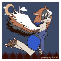 Rule 34 | 1girl, animal ears, animal feet, animated, animated gif, artist name, backless outfit, bird legs, bird wings, blue background, blue eyes, blue hair, blue skirt, blush stickers, braid, brown hair, brown wings, claws, cloud, colored inner hair, commission, crescent moon, dot harai, estelle (cieluscian), feathered wings, flying, full body, half-harpy, halterneck, highres, long hair, long sleeves, looking at viewer, monster girl, moon, multicolored hair, night, night sky, non-web source, open mouth, original, side braid, skeb commission, skirt, sky, solo, streaked hair, white hair, white wings, wings
