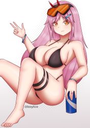 Rule 34 | 1girl, alternate costume, arm up, artist name, bare legs, bare shoulders, barefoot, bikini, black bikini, blush, bracelet, breasts, brown eyes, can, cleavage, closed mouth, collarbone, eyewear on head, feet, foot out of frame, girls&#039; frontline, hair ornament, hairpin, highres, holding, holding can, izzyice, jewelry, large breasts, legs, lips, long hair, looking at viewer, pink hair, ring, safety glasses, sig mcx (girls&#039; frontline), simple background, sitting, smile, solo, swimsuit, thighs, twitter username, v, white background