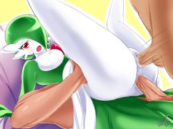 Rule 34 | 1girl, 2boys, anal, anus, artist name, ass, blush, breasts, creatures (company), dark-skinned male, dark skin, double penetration, erection, galaxyoron, game freak, gardevoir, gen 3 pokemon, girl on top, green hair, hair over one eye, hetero, interspecies, legs up, looking at viewer, medium breasts, monster, monster girl, motion lines, multiple boys, multiple penetration, nintendo, nipples, nude, open mouth, outline, penis, pokemon, pokemon (creature), pokemon rse, pokephilia, pussy, rape, red eyes, sex, signature, simple background, spread legs, testicles, text focus, textless version, uncensored, vaginal, veins, veiny penis, yellow background
