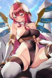 Rule 34 | 1girl, absurdres, armor, breasts, cleavage, commission, elbow gloves, fantongjun, gloves, headgear, highleg, highleg leotard, highres, large breasts, leotard, olympus (mythology), original, pixiv commission, red eyes, red hair, spread legs, thick thighs, thighhighs, thighs, white gloves, white thighhighs, wings