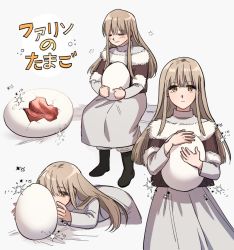 Rule 34 | 1girl, aged down, bed sheet, bent over, child, closed eyes, closed mouth, cracked egg, ddrro, dress, dungeon meshi, egg, falin touden, falin touden (tallman), fur trim, hatching, holding, holding egg, korean commentary, light brown hair, long hair, long sleeves, looking at viewer, looking away, multiple views, on bed, pants, pants tucked in, simple background, sitting, smile, sparkle, standing, unusually open eyes, white background, white dress, white pants, winter clothes, yellow eyes