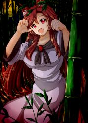 Rule 34 | 1girl, animal ears, bad id, bad pixiv id, bamboo, breasts, brooch, brown hair, dress, fang, imaizumi kagerou, jewelry, large breasts, long hair, memento mori (m.m), memento mori (pixiv), open mouth, paw pose, red eyes, smile, solo, touhou, wolf ears