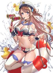 Rule 34 | 1girl, absurdres, bare shoulders, bikini, binoculars, black bikini, blush, bow, breasts, brown hair, cleavage, collarbone, commentary request, frilled bikini, frills, hair bobbles, hair bun, hair ornament, highres, holding, holding binoculars, holding rope, innertube, large breasts, leg up, lifebuoy, long hair, looking at viewer, medium breasts, mouth hold, navel, original, puffy short sleeves, puffy sleeves, purple eyes, red bow, rope, rubber duck, short sleeves, side bun, sidelocks, simple background, single hair bun, single side bun, solo, splashing, standing, standing on one leg, stomach, strap gap, swim ring, swimsuit, tareme, teffish, thighhighs, very long hair, water, whistle, whistle around neck, white background, white headwear, white thighhighs, wrist cuffs