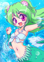 Rule 34 | :d, fins, fish tail, green hair, jewelry, kisaragi miyuki, long hair, mermaid, midriff, monster girl, muromi-san, namiuchigiwa no muromi-san, necklace, open mouth, red eyes, scales, seashell, shell, smile, solo, tail, twintails, two side up