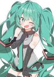 Rule 34 | absurdres, elbow gloves, gloves, green eyes, green hair, hand on own thigh, hatsune miku, highres, one eye closed, pleated skirt, skirt, twintails, uruti 2388, vocaloid