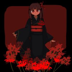 Rule 34 | 1girl, alternate costume, bad id, bad twitter id, black border, black kimono, blunt bangs, border, brown hair, closed mouth, feet out of frame, floral print, flower, hair ribbon, hand up, highres, japanese clothes, kimono, kotonoha akane, kure (mainititanosii6), limited palette, long sleeves, looking at viewer, low-tied sidelocks, obi, obijime, one side up, outside border, pinching sleeves, print kimono, red background, red eyes, red flower, red ribbon, ribbon, sash, sidelocks, smile, solo, spider lily, straight-on, voiceroid, wide sleeves