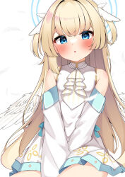 Rule 34 | + +, 1girl, aqua ribbon, arms between legs, ascot, blue eyes, blue halo, blue skirt, blush, collar, detached sleeves, diamond print, dress, eyebrows hidden by hair, eyelashes, feathered wings, feathers, hair between eyes, halo, highres, leaf print, long hair, looking at viewer, miniskirt, open mouth, pleated skirt, ribbon, shirayuki noa, sidelocks, simple background, sitting, skirt, sleeveless, sleeveless dress, solo, tenshi souzou re-boot!, two side up, very long hair, white ascot, white background, white collar, white dress, white feathers, white skirt, white sleeves, wide sleeves, wing hair ornament, wings, yosh1na, yuzu-soft